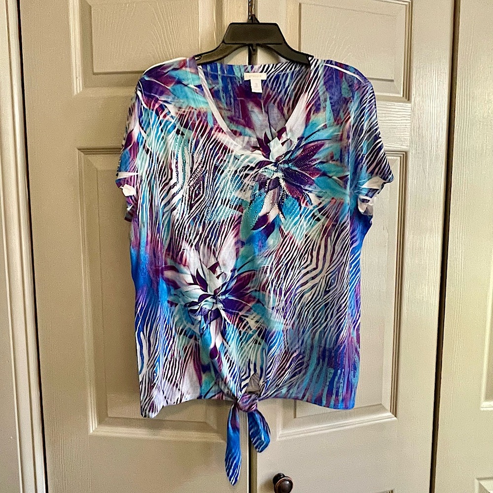Chico’s Floral and Animal Print Beaded Short Sleeve Tee